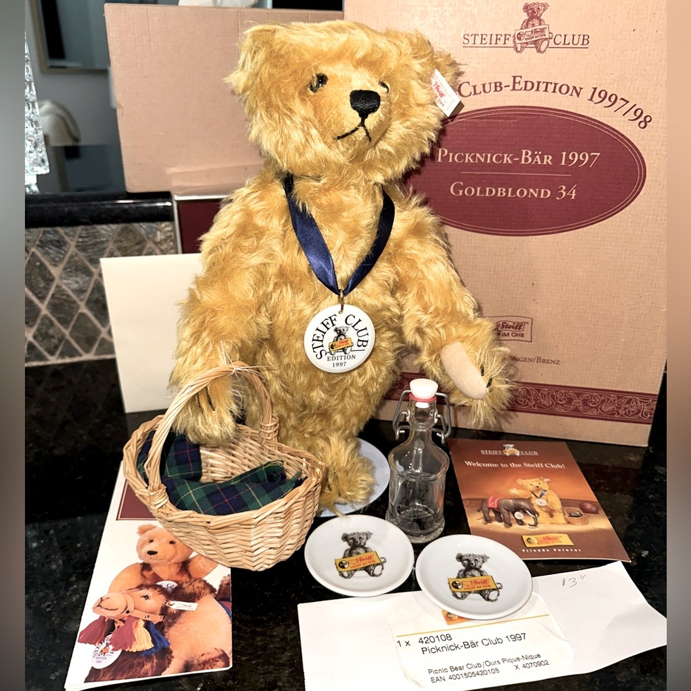 STEIFF CLUB 1997 LE Picnic BEAR GoldBlond 34 Picknick Teddy Mohair w Box papers